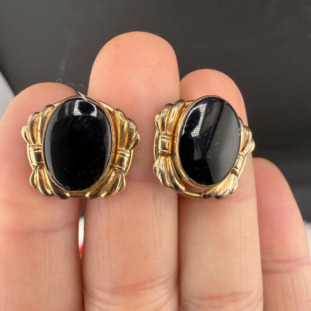 Vintage Van Dell Earrings Gold Black Screw Back Oval Bezel 12k GF